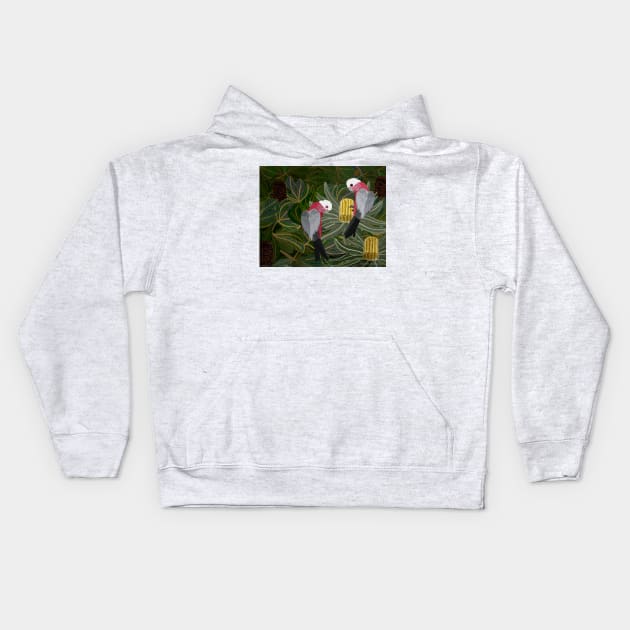 Galahs with Golden Banksias and Seed Pods Kids Hoodie by Donnahuntriss